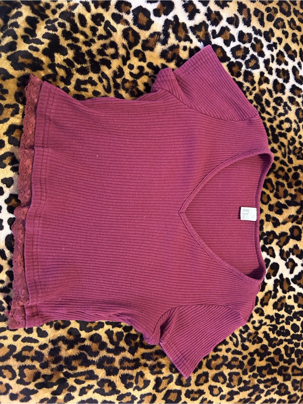 Ribbed V-Neck Top with Lace Hem - Mauve